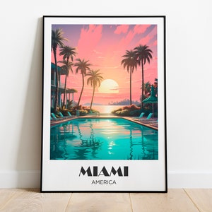 Manifesto di viaggio Miami Vice, città americana, USA, Florida, tramonto - Illustrazione - Manifesto di viaggio retrò anni '80