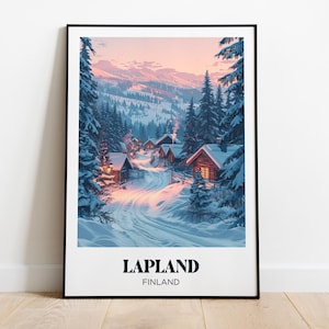 Poster della Lapponia, illustrazione del paesaggio della Lapponia, poster di viaggio della Lapponia, regalo di viaggio della Lapponia, poster di Natale, decorazione natalizia