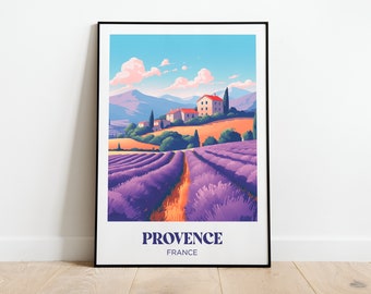 Puede incluir: Una ilustración colorida de un campo de lavanda en la Provenza, Francia. La imagen presenta un pequeño pueblo enclavado en las colinas con un cielo azul brillante y nubes blancas esponjosas. El texto "Provenza, Francia" está impreso en la parte inferior de la imagen.