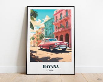 Havana Travel Poster, Cuba Wall Art Print,Cuba Painting Illustration,Printable Cuba Watercolor Home Decor, Retro vintage poster
