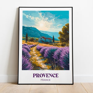 Reiseplakat Provence, Provenzalisches Bauernhaus, Lavendelfelder, Valensole-Plateau - Wanddekoration - Illustration - Vintage-Reiseplakat
