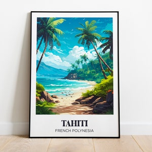 Tahiti Reiseposter, Paradiesstrand von Französisch-Polynesien, Pazifik, Bora Bora, Moorea - Illustration - Retro Reiseposter