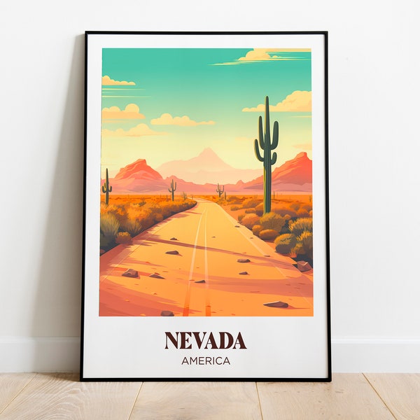 Affiche voyage Nevada, Route 66, Amérique, États-Unis - Illustration - Travel poster rétro vintage