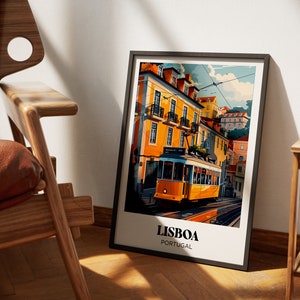May include: A vintage-style poster featuring a yellow tram traveling through a colorful cityscape. The poster has the text "LISBOA PORTUGAL" at the bottom.