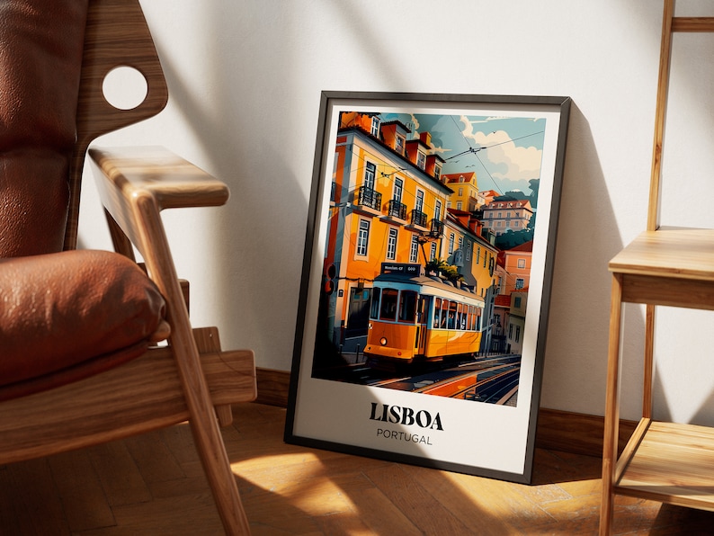 May include: A vintage-style poster featuring a yellow tram traveling through a colorful cityscape. The poster has the text "LISBOA PORTUGAL" at the bottom.