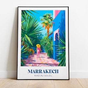 Poster di viaggio Marrakech, Riad, Marocco - Decorazione murale - Illustrazione colorata - Poster personalizzabile minimalista rosa e blu majorelle
