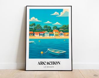 Puede incluir: Una impresión artística enmarcada que representa una escena costera con edificios coloridos, botes y un mar azul tranquilo bajo un cielo despejado. El texto "ARCACHON LE BASSIN" está en la parte inferior.