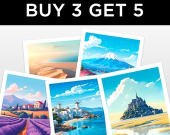 Puede incluir: Un collage de cinco postales de viaje con destinos pintorescos. Las postales están dispuestas en forma escalonada, con la postal superior mostrando una cordillera montañosa y la postal inferior mostrando un campo de lavanda. El texto "BUY 3 GET 5" se muestra en letras negras sobre un fondo blanco en la parte superior de la imagen.