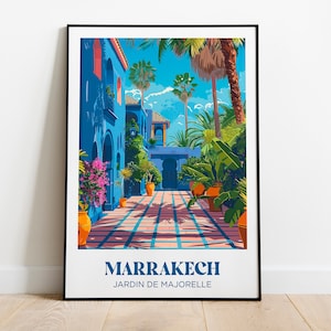 Marrakech, Marocco, Giardino Majorelle, Poster di viaggio - Decorazione murale - Illustrazione - Poster retrò vintage minimalista