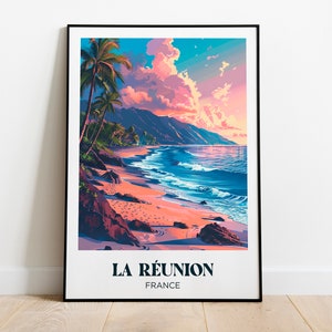 Póster de viaje de la Isla Reunión, Playa Paraíso - Ilustración - Póster de viaje retro - Regalo único - Decoración del hogar al atardecer