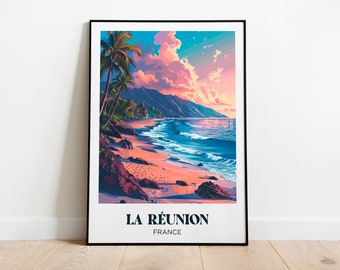 May include: A colorful illustration of a beach scene with palm trees, a sandy beach, and blue ocean waves. The text "LA RÉUNION FRANCE" is at the bottom of the image.