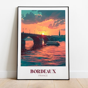Manifesto turistico di Bordeaux, Ponte di Pietra del Tramonto, Gironda, sud-ovest, Burdigala - Illustrazione - Manifesto turistico retrò d'epoca