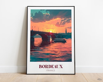 Puede incluir: Una puesta de sol colorida sobre un puente en Burdeos, Francia. El puente se refleja en el agua, y un barco pasa por debajo. El texto "BORDEAUX FRANCIA" está en la parte inferior de la imagen.