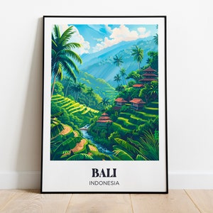Affiche voyage Bali, Indonésie, décoration tropicale, fleurs et palmiers colorés - Illustration Bali - Travel poster - Poster rizière Bali