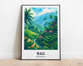 Bali Travel Poster,Flowers and palm trees Wall Art Print,Bali island Painting Illustration,Printable Bali Watercolor Home Decor