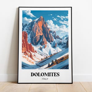 Póster de viaje a las Dolomitas, ilustración de las Dolomitas, póster de viaje a Italia, impresión de las Dolomitas, regalo de viaje a las Dolomitas, recuerdo de las Dolomitas