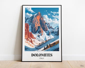May include: A poster featuring a colourful illustration of the Dolomites mountains in Italy. The mountains are snow-capped and have a reddish-orange hue. The text "DOLOMITES ITALY" is at the bottom of the poster.