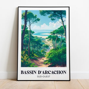 Cartel de viaje de la Bahía de Arcachon, paisaje oceánico - Ilustración de la Bahía de Arcachon - Cartel de viaje de la Bahía de Arcachon - Cartel del suroeste