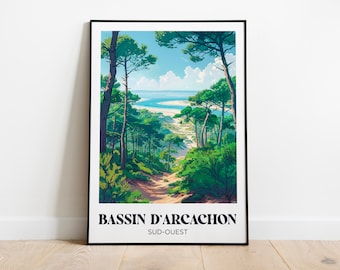 Affiche voyage Bassin d'Arcachon, paysage océan - Illustration Bassin Arcachon - Travel poster bassin d'Arcachon - Poster Sud-ouest