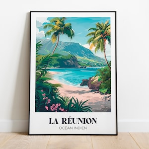 Poster di viaggio dell'Isola della Riunione - Illustrazione dell'Isola della Riunione - Poster retrò dell'Isola della Riunione - Regalo di viaggio sulla spiaggia paradisiaca dell'Isola della Riunione