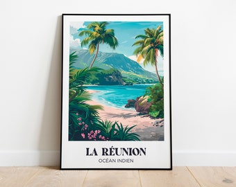 Piton de la Fournaise Travel Poster,Tropical Wall Art Print,Palm trees Painting Illustration,Printable La Réunion Watercolor Home Decor