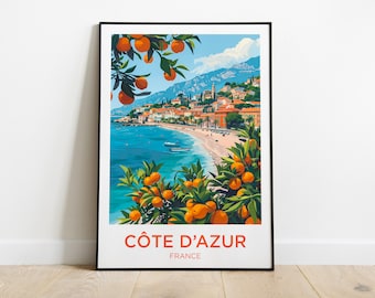 Cote d&#39;Azur Travel Poster, Mediterranean Wall Art Print,Orange Painting Illustration,Printable Cote d&#39;Azur Watercolor Home Decor