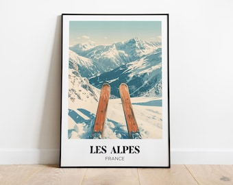 Alps Mountain Poster, Alps Ski Illustration, Alps Travel Poster, Alpine Landscape Print, French Alps print, Skiing Gift