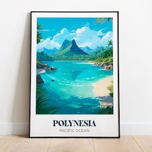 Póster de viaje de Tahití, playa paradisíaca de la Polinesia Francesa, Océano Pacífico, Bora Bora, Moorea - Ilustración - Póster de viaje retro