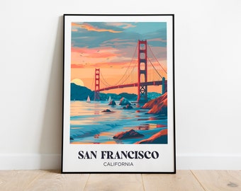 May include: A vintage-style poster featuring a colorful illustration of the Golden Gate Bridge in San Francisco, California. The bridge is red and orange, with a blue sky and water in the background. The poster has the text "SAN FRANCISCO" and "CALIFORNIA" at the bottom.