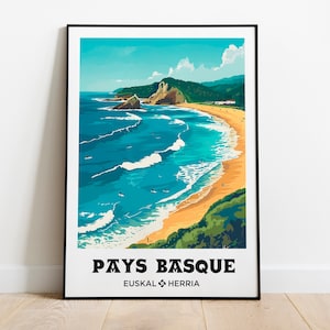 Póster del País Vasco, ilustración de surfistas, póster de playa del País Vasco, póster de viaje al País Vasco, marco del País Vasco, póster de playa de surfistas