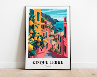 Cinque Terre Travel Poster, Cinque Terre Print, Italy Illustrated Painting, Printable Cinque Terre Watercolor Decor, Italian Riviera