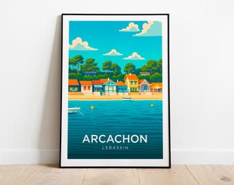 Puede incluir: Una impresión artística enmarcada que representa Arcachon, Francia. La ilustración muestra casas de playa coloridas, un mar azul tranquilo y un cielo azul brillante con nubes esponjosas. El texto "Arcachon Lebassin" se muestra en la parte inferior.