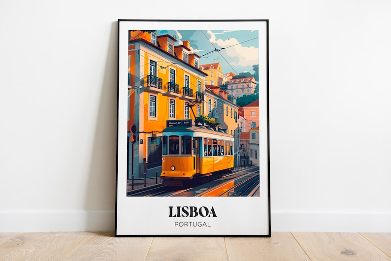 May include: A yellow and blue tram travels down a street lined with yellow buildings in Lisbon, Portugal. The text "LISBOA PORTUGAL" is at the bottom of the image.