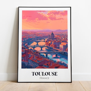 Poster di viaggio di Tolosa, illustrazione di Tolosa, cornice decorativa di Tolosa, poster della città rosa di Tolosa, poster dell'Occitania dell'Alta Garonna