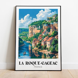Cartel de viaje de La Roque-Gageac, ilustración de La Roque-Gageac, cartel de viaje de Dordoña, impresión de Dordoña, regalo de viaje de Dordoña Francia