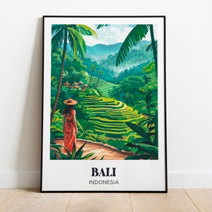Poster di viaggio a Bali, Indonesia, decorazioni tropicali, fiori colorati e palme - Illustrazione di Bali - Poster di viaggio - Poster della risaia di Bali