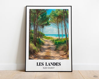 Affiche voyage Les Landes - Illustration plage océan atlantique - Travel poster Landes  - Poster voyage Les Landes - Cadre Les Landes