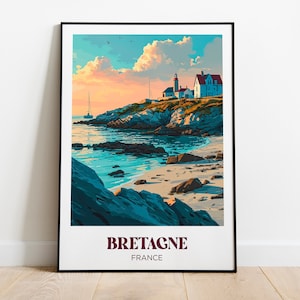Bretagne-Reiseplakat, Leuchtturm in der Bretagne, Strand, Côtes-d'Armor, Finistère, Morbihan, Ille-et-Vilaine - Illustration - Retro-Reiseplakat