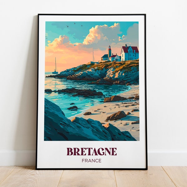 Affiche voyage Bretagne, Phare en Bretagne, Plage, Côtes-d'Armor, Finistère, Morbihan, Ille-et-Vilaine - Illustration - Travel poster rétro