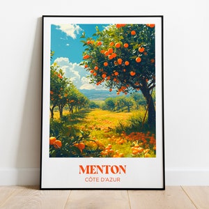 Manifesto turistico Mentone, Costa Azzurra, Var, alberi di limoni e arance, limone e arancia - Illustrazione - Manifesto retrò vintage