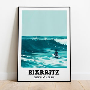 Póster de Biarritz, ilustración de surfista de Biarritz, póster de surf de Biarritz, ilustración minimalista, marco del País Vasco, póster de mar, decoración