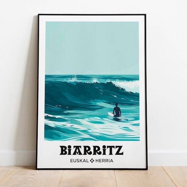 Affiche Biarritz, illustration surfeur Biarritz, poster surf Biarritz, illustration minimaliste, cadre Pays-Basque, Affiche mer, décoration