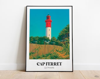 Póster de viaje de Cap Ferret, ilustración de Cap Ferret, póster de Cap Ferret, impresión de Cap Ferret, recuerdos de vacaciones de Ferret, póster del faro