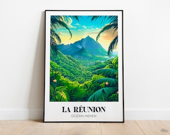 Cartel de viaje Isla Reunión, Pitón de la Fournaise - Ilustración Isla Reunión - Cartel Isla Reunión - Cartel de viaje Isla Reunión
