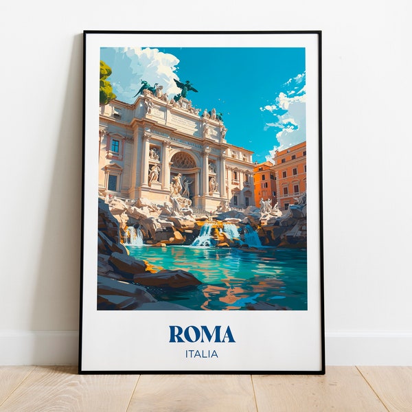 Affiche Rome, fontaine de Trevi, Italie - Illustration - Travel poster rétro vintage