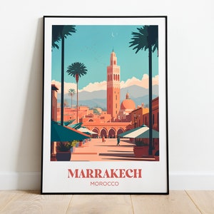 Póster de viaje a Marrakech, Marruecos, Medina - Decoración de pared - Ilustración - Decoración marroquí - Póster minimalista - Póster vintage