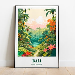 Affiche voyage Bali, Indonésie, décoration tropicale, fleurs et palmiers colorés - Illustration - Travel poster rétro vintage - Cadeau Bali