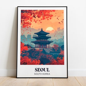 Póster de viaje de Seúl, ilustración de Seúl, decoración de póster de Corea del Sur, póster de viaje de templo coreano, regalo de viaje de Corea del Sur