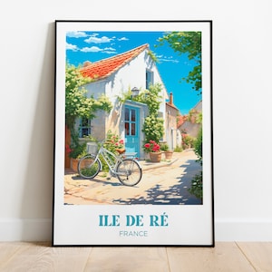 Poster di viaggio Ile de Ré, Bike, Charente-Maritime, La Rochelle - Illustrazione della casa vacanza - Poster di viaggio vintage retrò