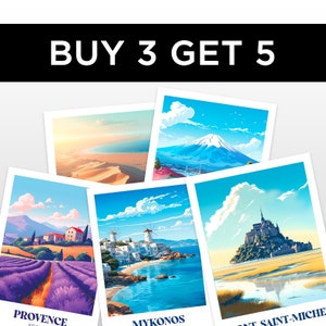 May include: A collage of five colorful travel posters featuring scenic destinations. The posters are arranged in a staggered pattern, with the top poster showing Mount Fuji in Japan. The other posters show Provence, France, Mykonos, Greece, and Mont Saint-Michel, France. The text "BUY 3 GET 5" is displayed at the top of the image.
